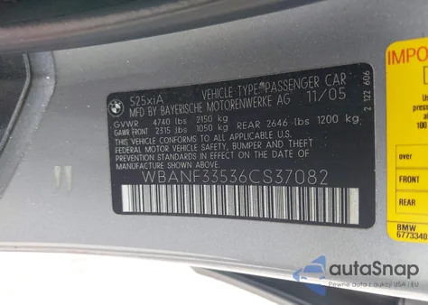 2006 BMW 525Xi из США, поврежденный, VIN WBANF33536CS37082